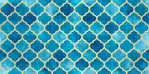 Moroccan Seamless Pattern. Turkish Mosque Window Shape. Arabic Mosaic Watercolor Ornament Background. Eid Mubarak Muslim Decoration. Ramadan Kareem Islamic Illustration