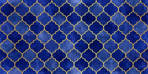 Moroccan Seamless Pattern. Turkish Mosque Window Shape. Arabic Mosaic Watercolor Ornament Background. Eid Mubarak Muslim Decoration. Ramadan Kareem Islamic Illustration