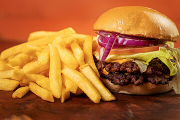 Beef Burger with Cheddar Salad and French Fries