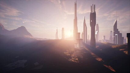 The sun rises in the city of the future. Cinematic view of the fantasy world. Drone flight 