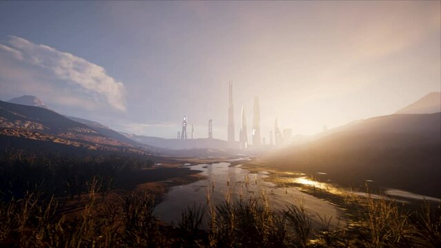The sun rises in the city of the future. Cinematic view of the fantasy world in time lapse