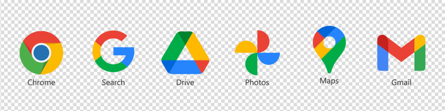 Google icons set. Google product icon on a transparent background. Chrom, drive, photos, gmail, maps, search. Editorial vector illustration. Vector EPS 10
