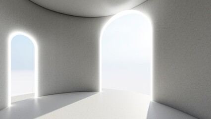 Interior background light arched openings in empty room 3d rendering