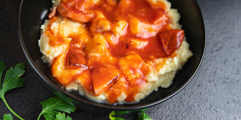 mashed potatoe tomato sauce roast sausage meat meal food snack on the table copy space food background