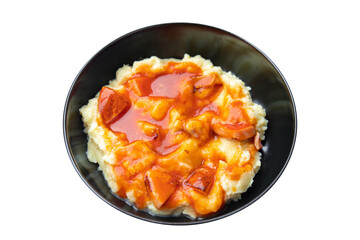 mashed potatoe tomato sauce roast sausage meat meal food snack on the table copy space food background