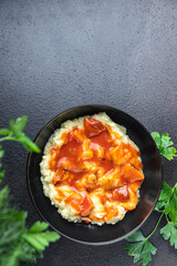 mashed potatoe tomato sauce roast sausage meat meal food snack on the table copy space food background