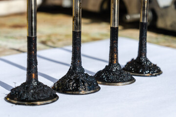 Engine valves in oil covered with soot. Heat-resistant steel. Automotive, repair servicing.