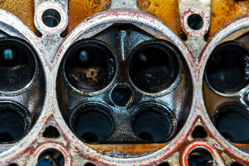 Cylinder head with valves. Automotive, cylinder head servicing