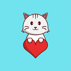 Cute Cat Holding Heart Cartoon Illustration, Baby Animal, Kitten, Flat Style Vector Suitable for Web, Banner, Card, Greeting, Children, Book, Poster