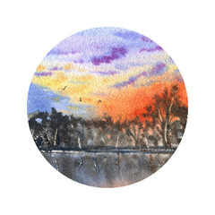 Colorful sunset landscape. Orange sky, trees and lake. Round watercolor illustration isolated on white background. Design for postcards, stickers.