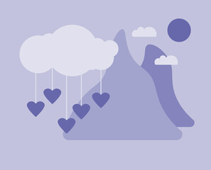 Tender Cloud Pours Rain From Hearts.Vector illustration. Very peri