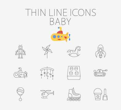 Baby thin line icon set for web and mobile applications. Set includes - block, whirligig, robot, horse, rocket, submarine, tank, rattle, crib toy, helicopter, roller skate, pail and shovel