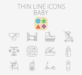 Baby thin line icon set for web and mobile. Set includes pin, airplane, crib, pram, scooter, diapers, bunk bed, roller skate, educational game, feeding bottle, chair for babies, baby monitor