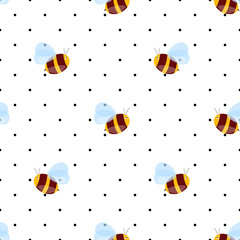Seamless pattern with bees on white polka dots background. Small wasp. Vector illustration. Adorable cartoon character. Template design for invitation, cards, textile, fabric. Doodle style