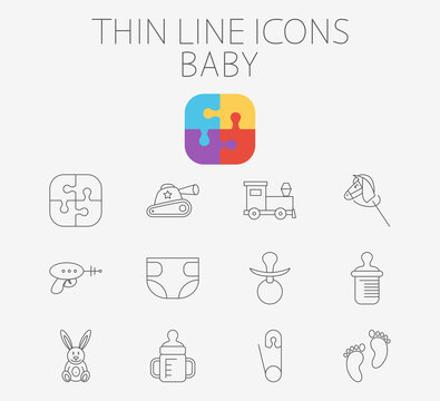Baby thin line icon set for web and mobile applications. Set includes pin, diapers, feeding bottle, puzzle, tank, train, horse, gun, footprint, rabbit, nipple. Pictogram, infographic element