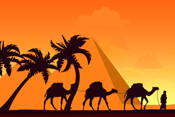 Fototapeta na wymiar Silhouette of camels on the background of mountains. Vector graphics