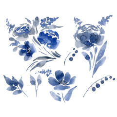 Fototapeta na wymiar Blue watercolor flowers on white background
