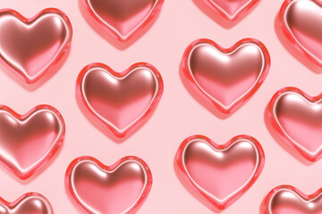 3d render of coral red hearts pattern on a pastel pink background