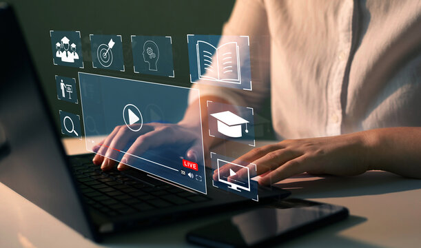 Person who attends online lessons on a digital screen.E-learning education, internet lessons and online webinar. Education internet Technology.