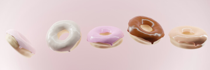 3d render of donut banner with pink and brown glaze on a pink background