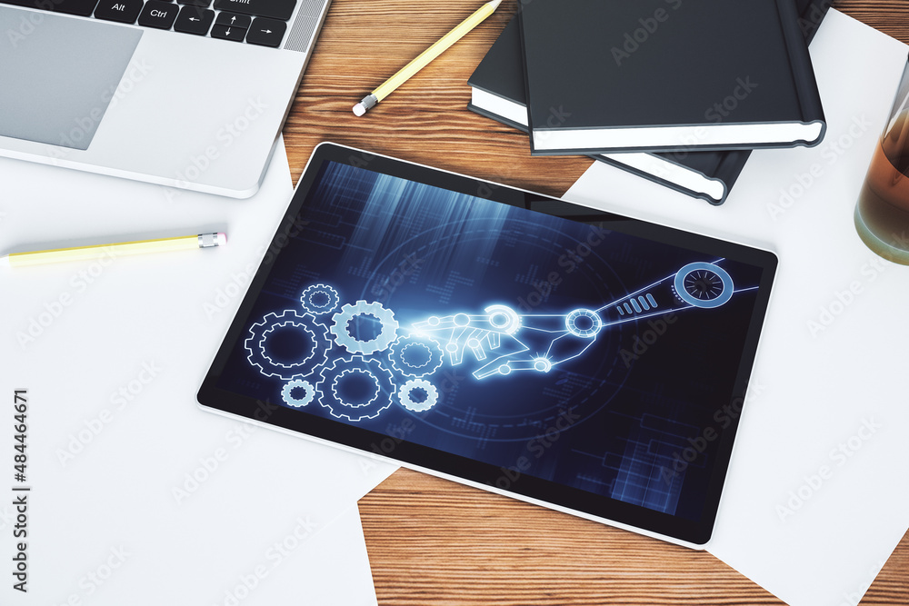Poster top view of modern digital tablet monitor with robotics technology hologram. research and developmen