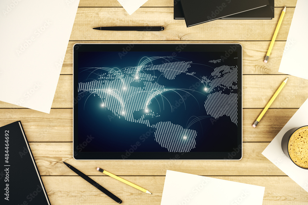 Poster top view of modern digital tablet monitor with abstract world map with connections, research and str