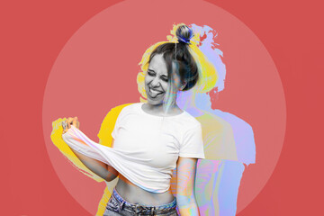A young pretty caucasian ridiculous blonde woman shows tongue grimacing and pulling up her white t-shirt. Trendy abstact collage in magazine urban style. Contemporary art. Modern design