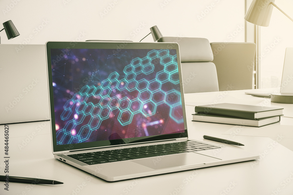 Poster creative abstract wireless technology hologram with hexagon on modern computer monitor, artificial i