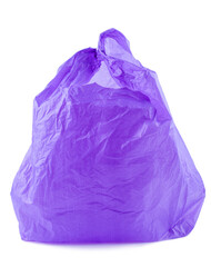 Purple plastic bag empty. Plastic bags are the cause of major environmental concerns. Object is isolated on white background without shadows.