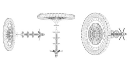 3D rendering - outlined space station with multiple views