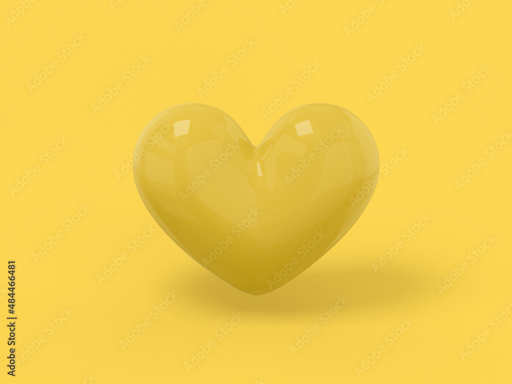 Poster stylized yellow mono color heart on a yellow solid background. minimalistic design object. 3d render