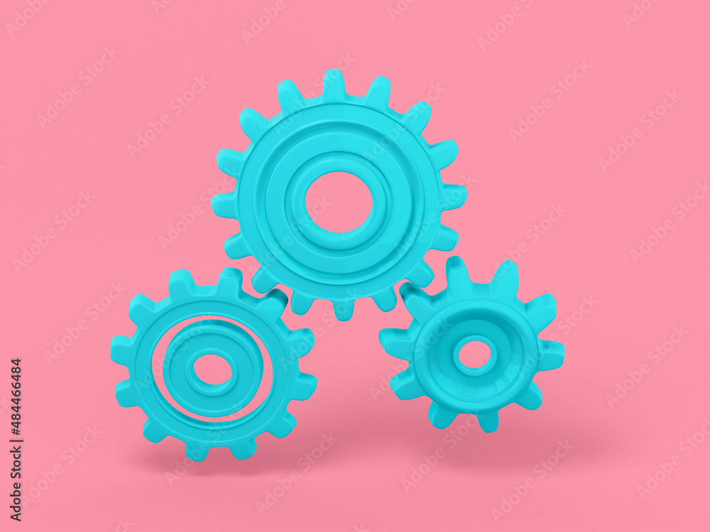Poster blue one color gears on a pink flat background. minimalistic design object. 3d rendering icon ui ux 