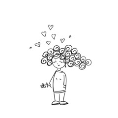 Girl in love cartoon, Teenage girl curly hair, standing with closed eyes, smiling, feeling happy, flower in hand, heart over head, simple doodle style linear sketch vector illustration