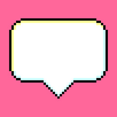 Speech bubble pixel art blank white text box black outline isolated on pink background, Computer games graphics vector illustration