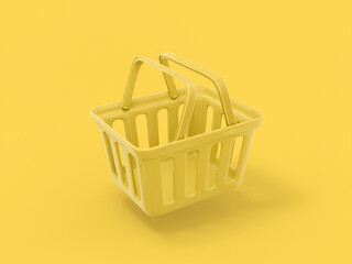 Yellow mono color shopping cart half view on yellow solid background. Minimalistic design object. 3d rendering icon ui ux interface element. - obrazy, fototapety, plakaty