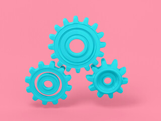 Blue one color gears on a pink flat background. Minimalistic design object. 3d rendering icon ui ux interface element.