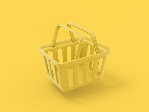 Yellow mono color shopping cart half view on yellow solid background. Minimalistic design object. 3d rendering icon ui ux interface element.