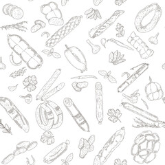 Seamless pattern of meat products and meat delicacies. Sausages, ham, bacon, lard, salami in sketch style.