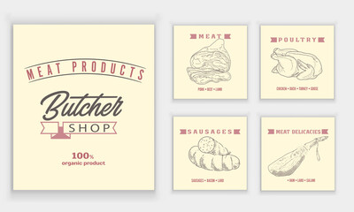 Meat products and meat delicacies. Sausages, ham, bacon, lard, salami in sketch style. A set of banners, labels, flyers