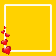 A simple white frame for copy space. Red gradient hearts. Valentine card. Yellow background. Simple composition. Banner, announcement, coupon, online post, promotion. St. Valentine's Day.