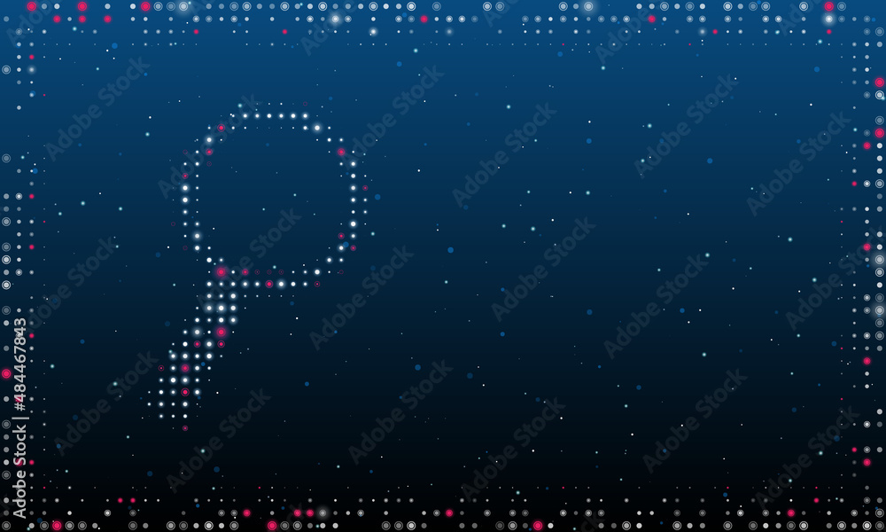Poster on the left is the magnifier symbol filled with white dots. pointillism style. abstract futuristic f
