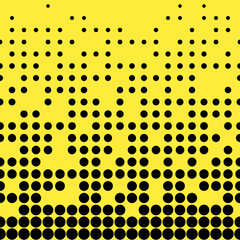 Abstract seamless geometric circle pattern. Mosaic background of black circles. Evenly spaced shapes of different sizes. Vector illustration on yellow background