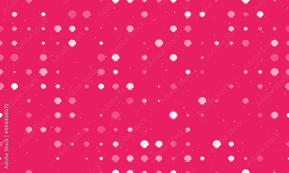Poster seamless background pattern of evenly spaced white sea shell symbols of different sizes and opacity.