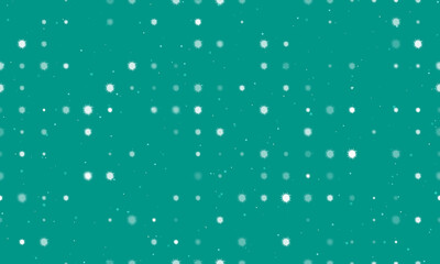 Seamless background pattern of evenly spaced white sea urchin symbols of different sizes and opacity. Vector illustration on teal background with stars