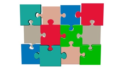 Abstract puzzle pieces isolated on a white background, three-dimensional rendering