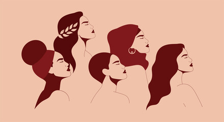 Five women stand together. Silhouettes of Strong and brave girls look forward. Sisterhood and females friendship. Vector illustration for International Women's Day. 
