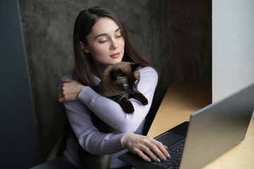 A girl with cat are working laptop and sits near the window