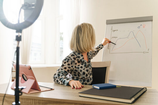 Woman blogger or coach drawing arousal chart during online sexology lesson