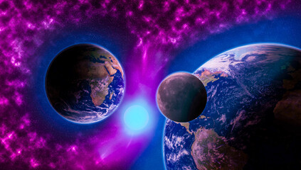Two planets Earth are located between an unknown glowing space object around the nebula. 3D Render.