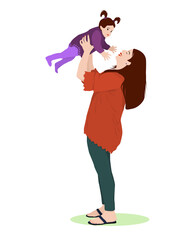 vector illustration of a young woman rejoicing and throwing a baby in her arms. The topic of motherhood and family